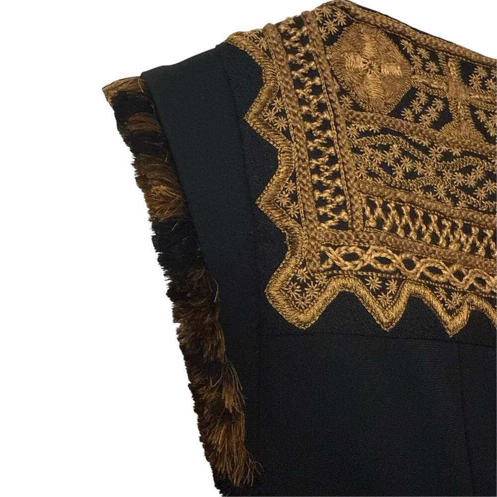 Etro Black Gold Boho Embroidered Tassel Pleated Cap Sleeve Mini Dress Size 4 - Picture 9 of 14
